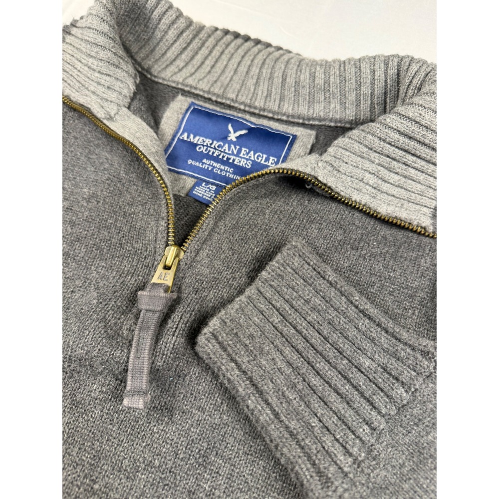 American Eagle Men Large Gray Quarter Zip Cotton Knit Sweater Mock Neck Pullover